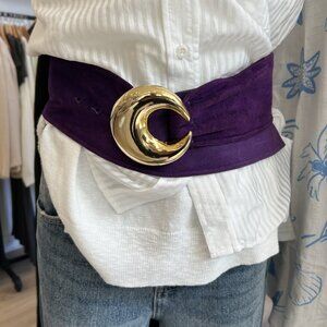 Yves Saint Laurent Purple Suede Belt with Gold Crescent Moon Buckle, Vintage!